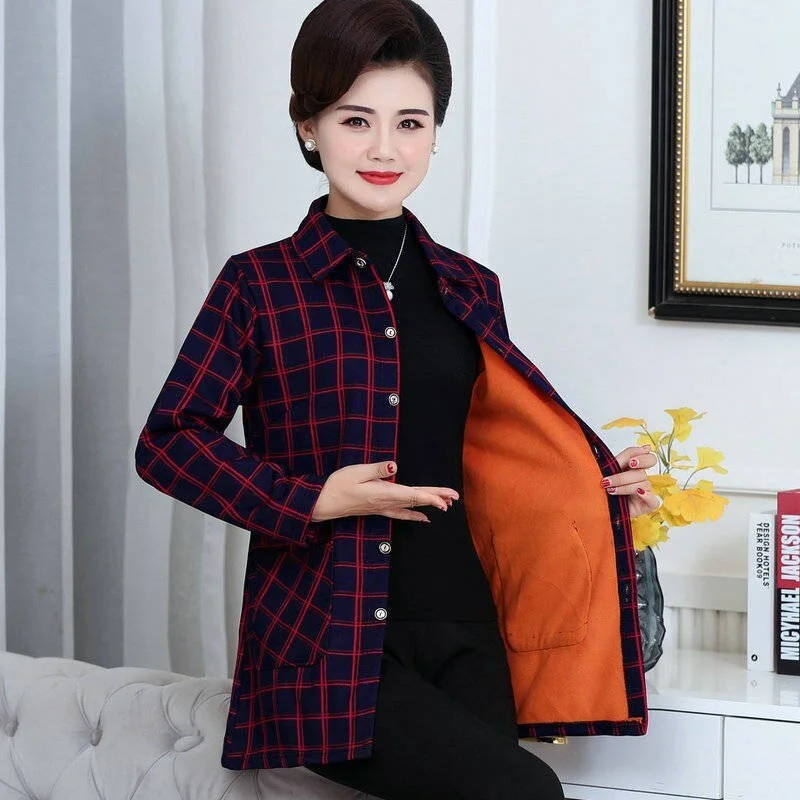 Plus Size Women Coats Winter Warm Blouses Camisa Femininas Long Sleeve Thick Velvet Plaid Shirt Flannel Shirts Full Cotton Top