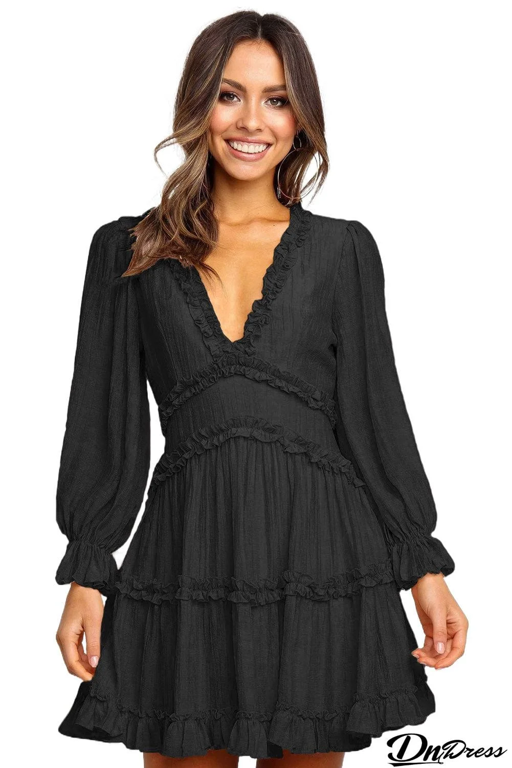V Neck Ruffle Detailing Open Back Dress