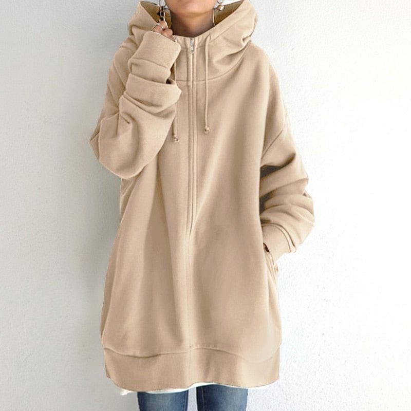 Elegant Hooded Sweatshirts Women's Solid Hoodies ZANZEA 2022 Casual Long Sleeve Zipper Coat Female Outwear Jackets Oversized Top