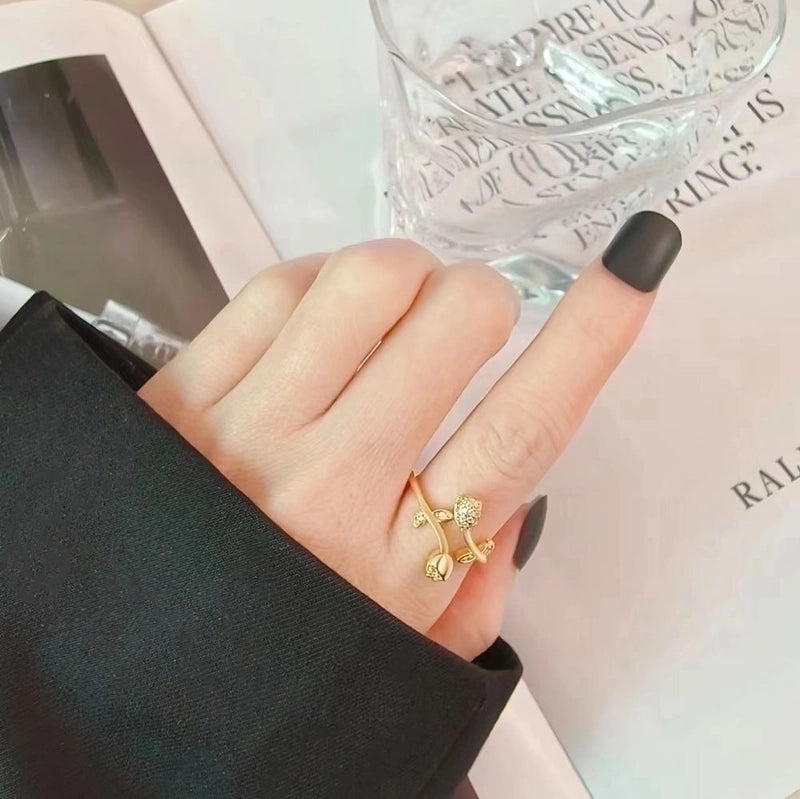 IG Style Sweet Flower Copper Inlay 14K Gold Plated Zircon Open Rings