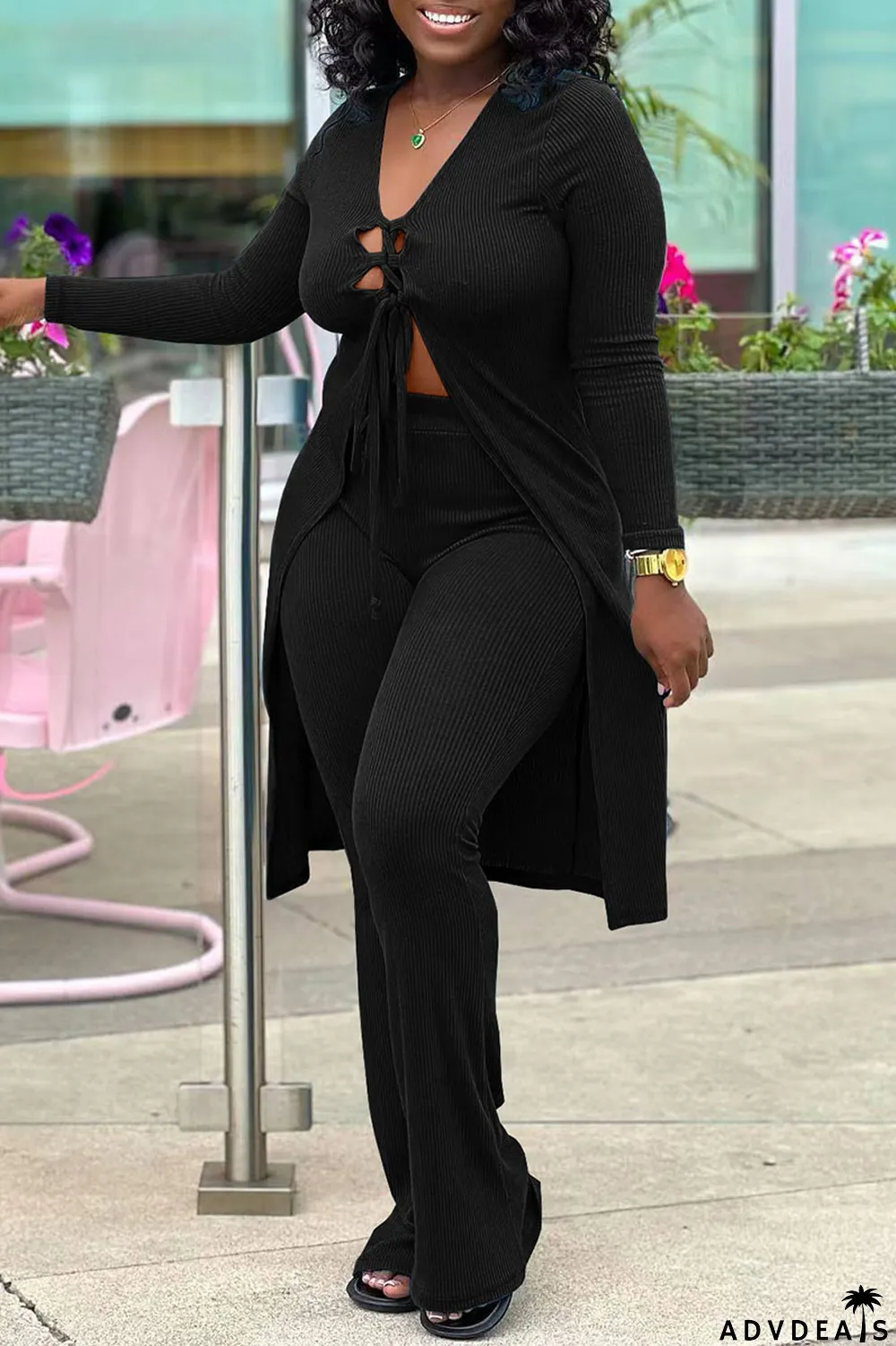 Black Sexy Solid Bandage Patchwork V Neck Long Sleeve Two Pieces