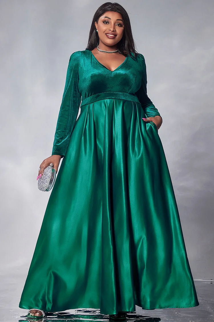 Xpluswear Design Plus Size Formal Maxi Dresses Elegant Green Fall Winter V Neck Long Sleeve Contrast Velvet Maxi Dresses With Pocket [Pre-Order]