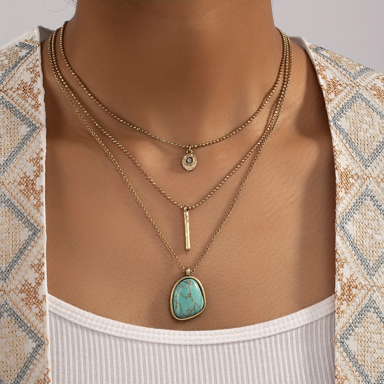 Vintage Boho Turquoise Multilayer Three Layer Necklace For Women Girls Gift