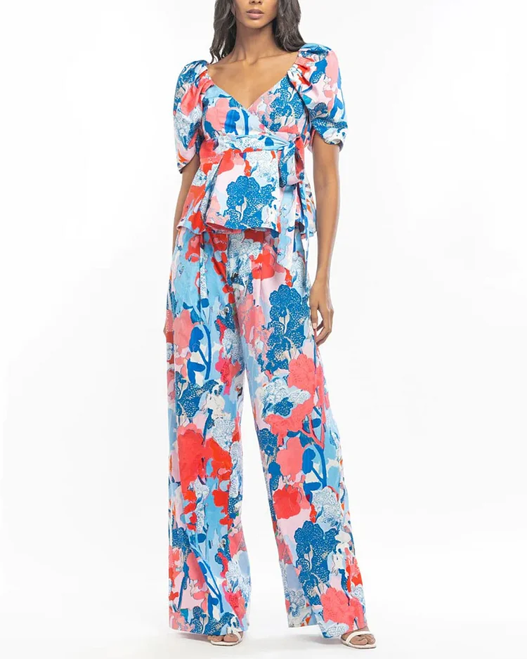 Cotton Poplin Printed Wrap Top And Printed Trousers Two Piece Set