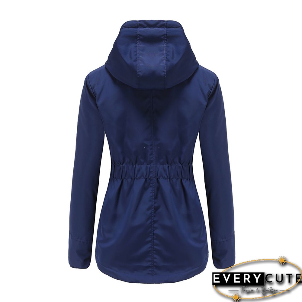 Navy Blue Plush Warm Hooded Parka Coat