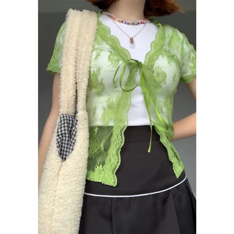 Rapcopter Floral Lace Cardigans Y2K Brown Crop Top Frill Cute T Shirt Tie Up Short Sleeve Tshirt Women Harajuku Tee Top Vintage