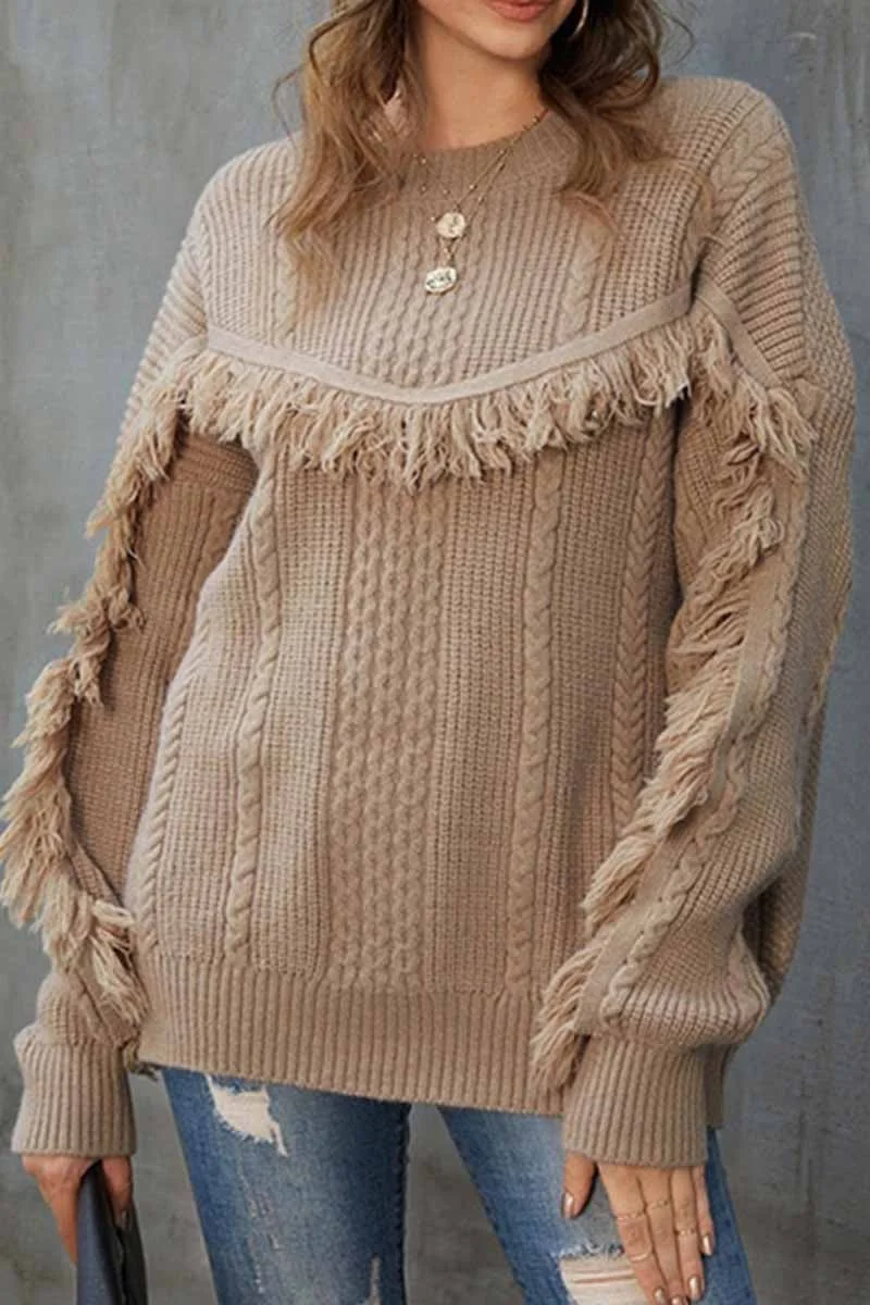 Round Neck Loose Tassel Twist Solid Color Sweater