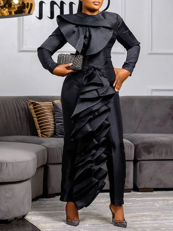 Elegant Falbala Soli Color Ruffled Long Sleeve Simple Jumpsuit