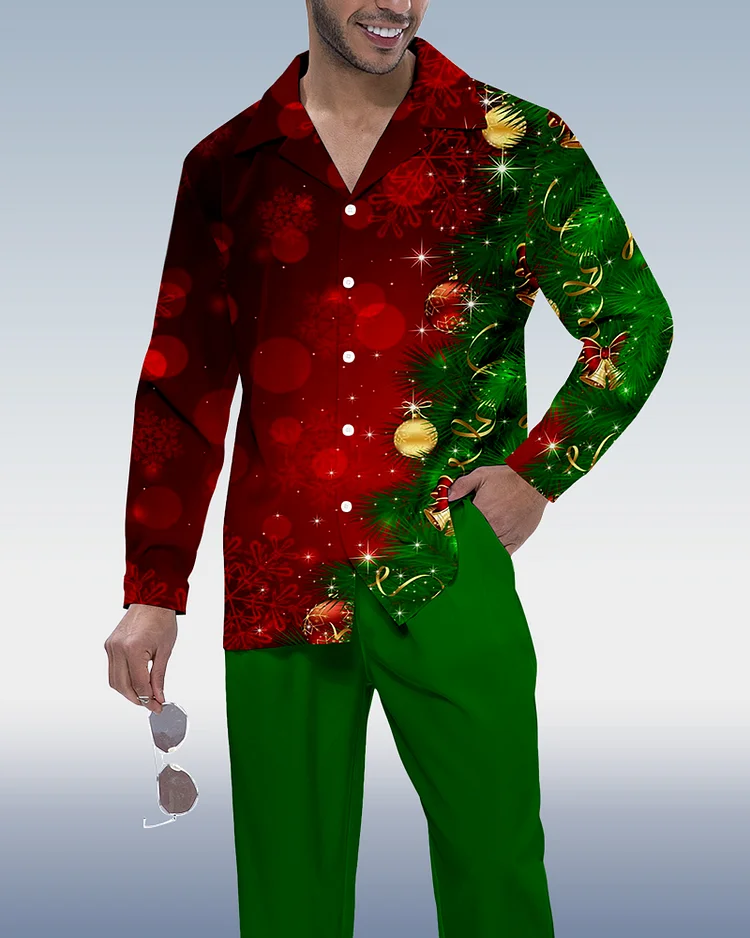 Suitmens Men's Christmas Gradient Print Long Sleeve Shirt Walking Set 339