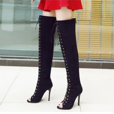 Women peep toe front lace stiletto thigh high boots