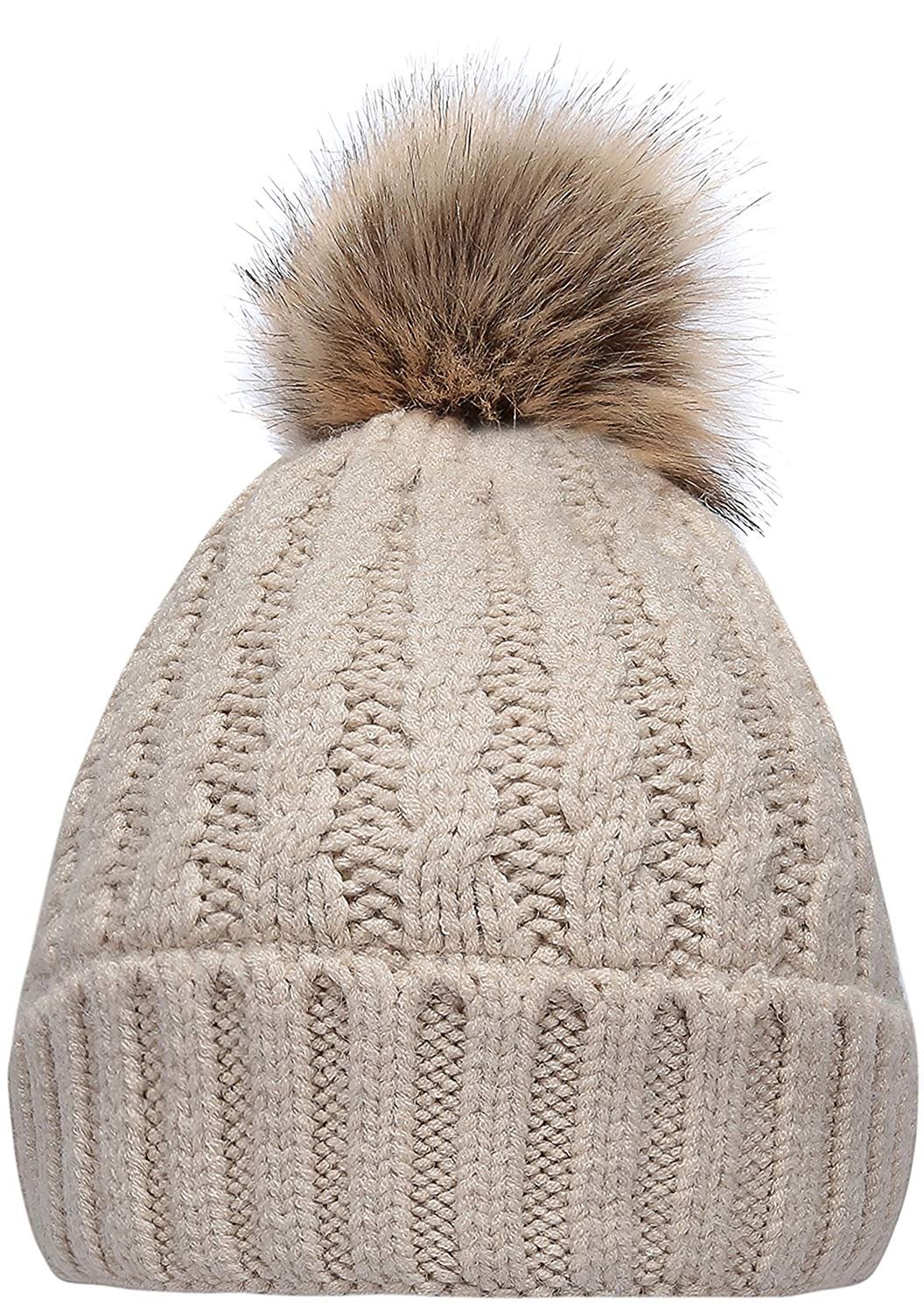 Winter Ribbed Knit Faux Fur Pompoms Women's  Chunky Lined Beanie Hats