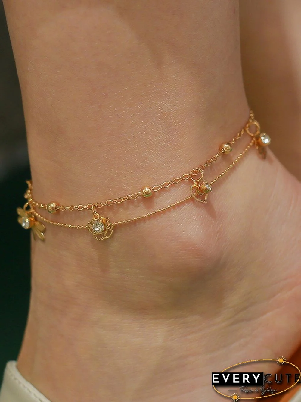 Holiday Style Beach Rose Dragonfly Zircon Multilayer Anklet