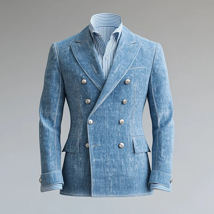 Men's Peak Lapel Metal Double Breasted Long Sleeve Denim Blazer