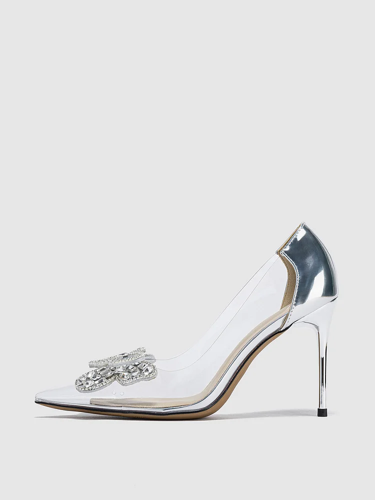 70mm/90mm Women's  Stiletto Apricot Bottom High Heels Party Shoes Diamond Bow Pumps