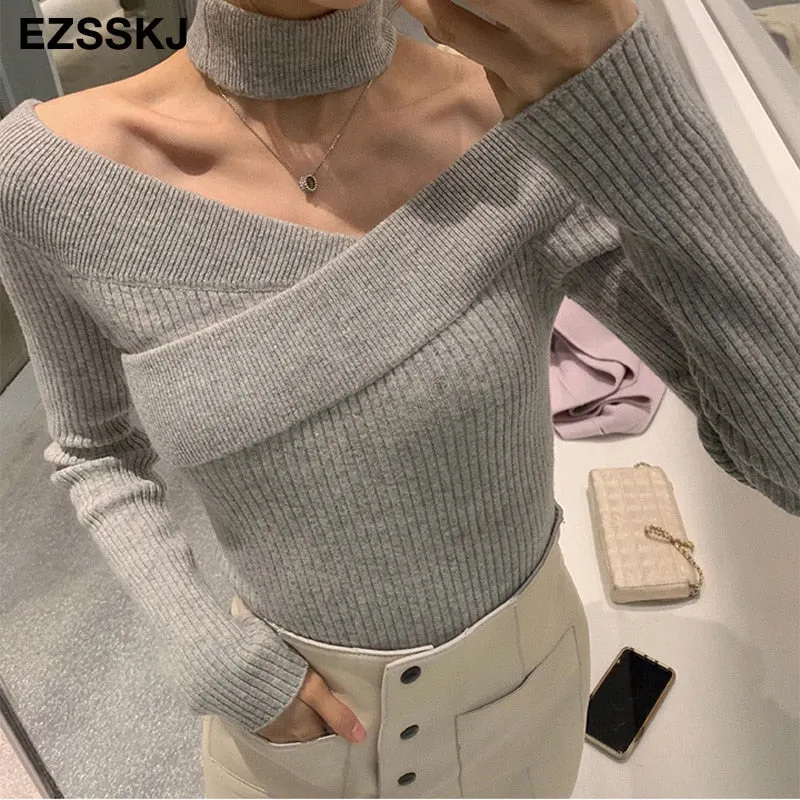 slim sexy Bib Sweater Pullovers Women  winter autumn Female 2021 sweater  long sleeve sweater top slash sweater