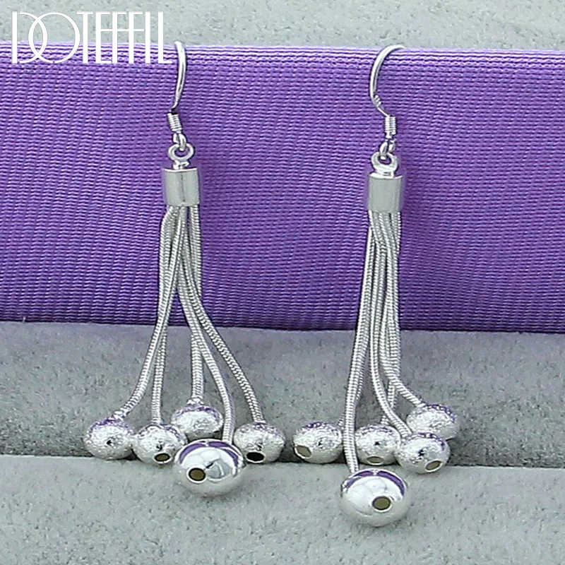 DOTEFFIL 925 Sterling Silver Smooth Matte Five Beads Drop Earrings For Woman Jewelry