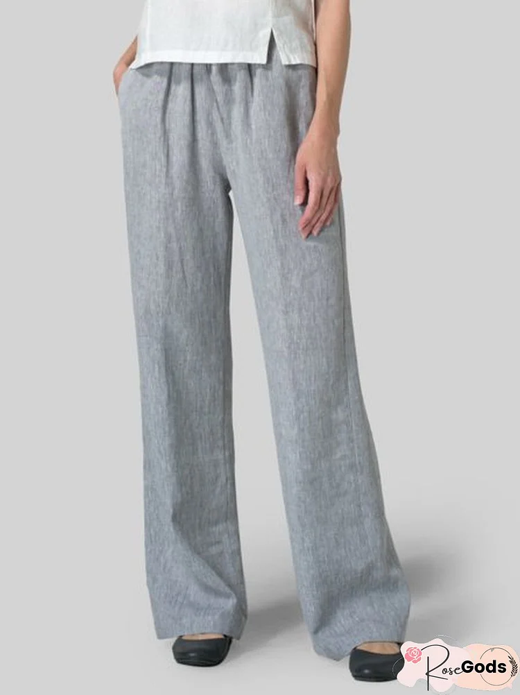 Women Linen Pockets Solid Long Pants