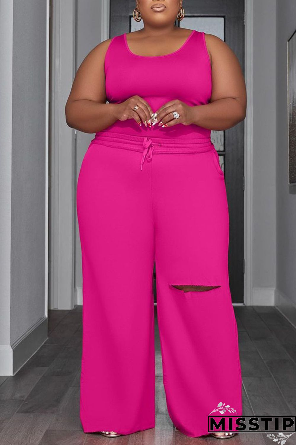 Deep Blue Casual Solid Hollowed Out Patchwork U Neck Plus Size Two Pieces