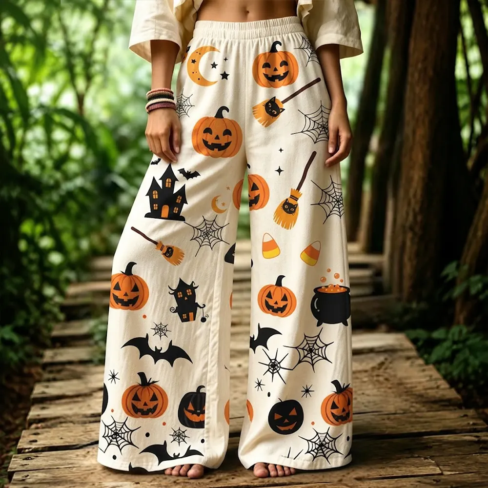 Women's Halloween Casual High-waist Wide-leg Pants With Jack-o'-lanterns, Spiders, And Witch Brooms Print artswardrobe