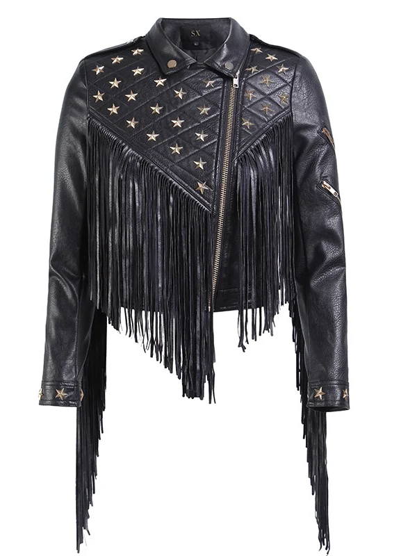 Punk Star Rivets Long Sleeve Shawl Collar Fringed Zipper PU Jacket