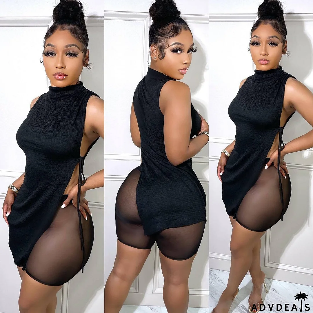 Women's Solidl Color Sleeveless Slit Asymmetric Top High Waist Mesh Shorts Two Piece Set
