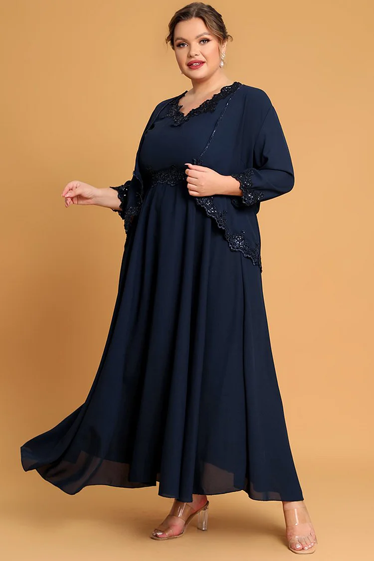 Plus Size Beading Appliques Lace Sequins Two Pieces Maxi Dresses