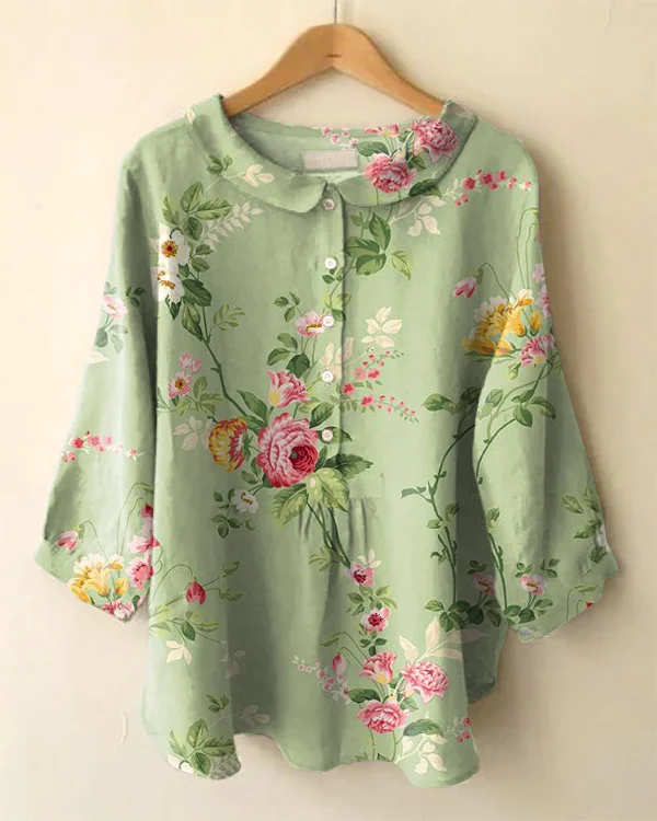 Vintage Long Sleeve Cute Peter Pan Collar Floral Print Shirt