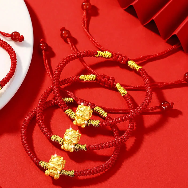 999 Sterling Silver Year of the Dragon Copper Coin Fortune Dragon Fu Character Luck Handcrafted Red String Braided Bracelet