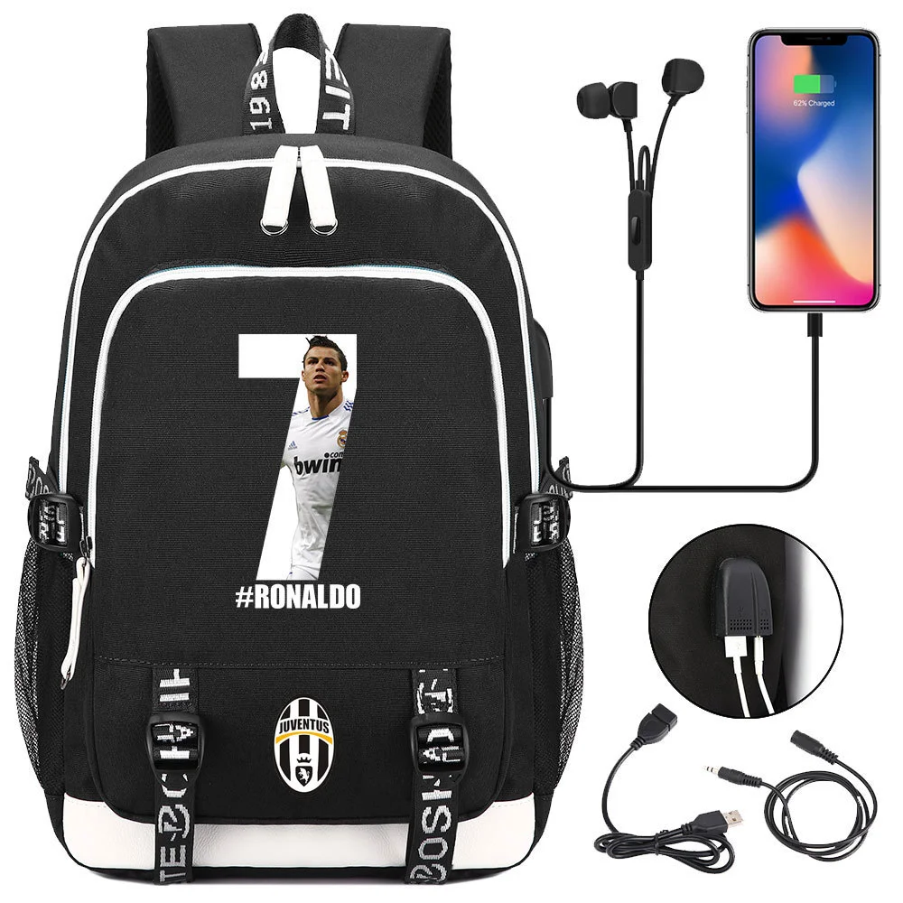 Buzzdaisy Cristiano Ronaldo Printed Backpack with USB Charging Port and Laptop Protection - Multi-Pocket Large Capacity Schoolbag