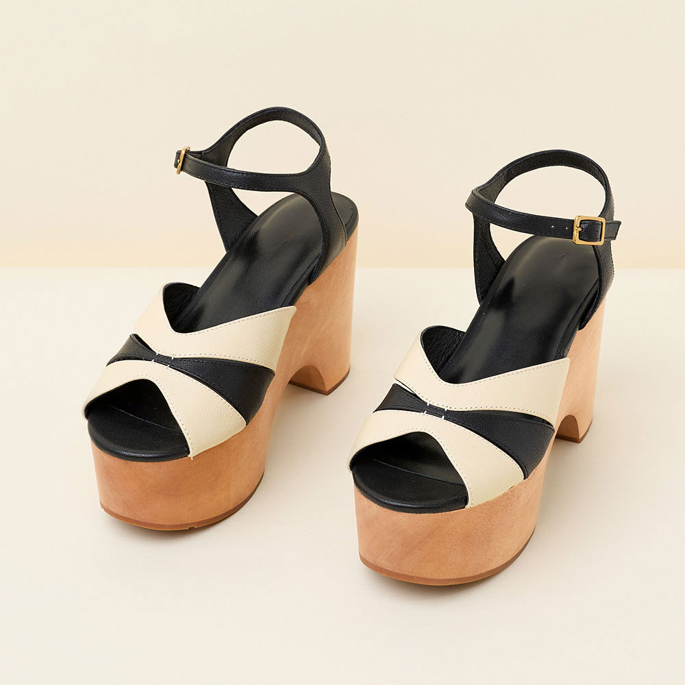 Black & Beige Peep Toe Platform Block Heel Women Sandals with Buckle Nicepairs