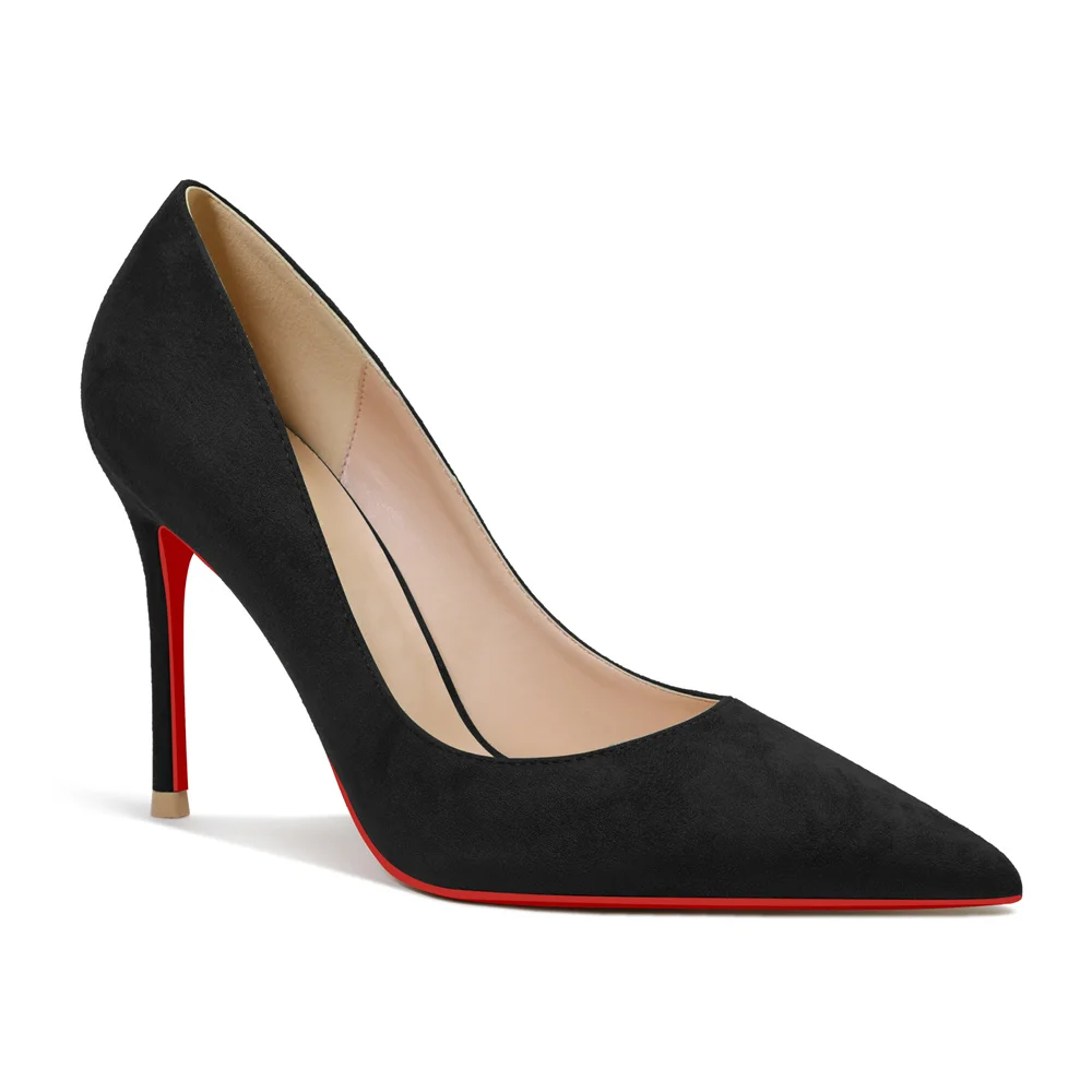 100mm Women's Stiletto Heels Classic Pointed Toe Red Bottom Pumps Suede Shoes-MERUMOTE
