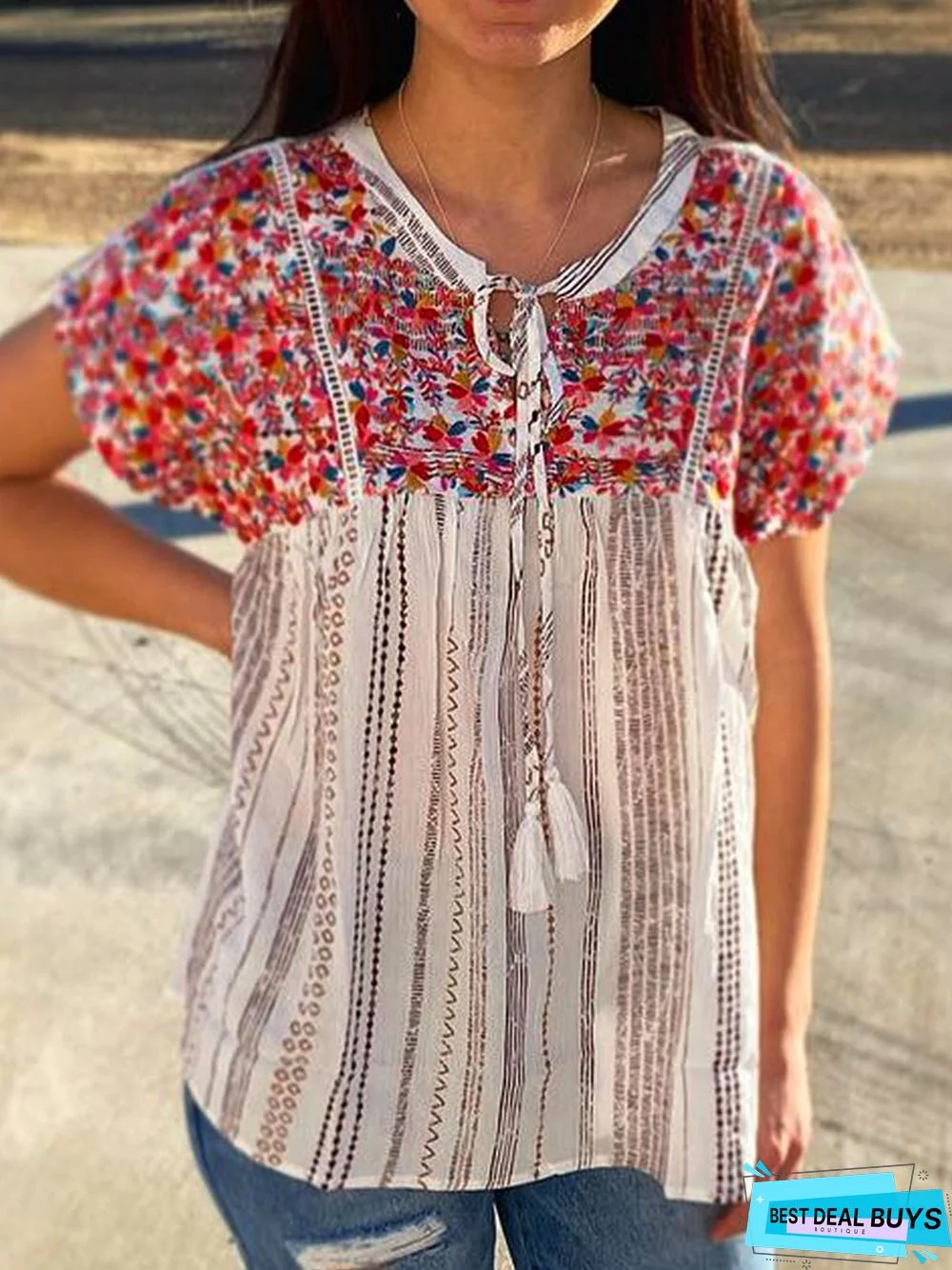 Short Sleeve V Neck Shift Printed Tops