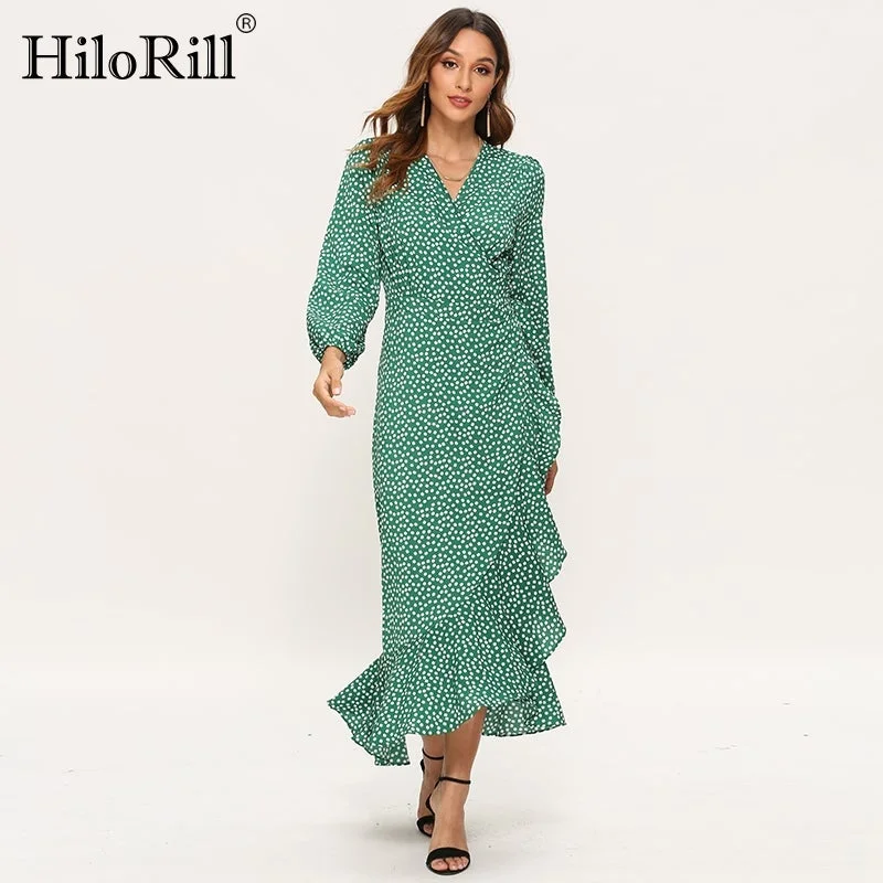 Bohemian Long Dress Women  Floral Print Ruffle Long Sleeve Maxi Dress Sexy Side Split V Neck Beach Wrap Dresses Vestido