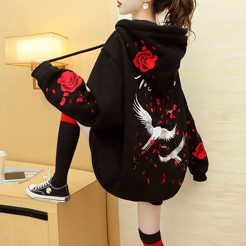 Magibyte Autumn Embroidery Warm Hoodie Sweatshirt Women New Loose Coat Sweatshirt Outwear Hoodies Tops Clothes Hooded Tops Elegant Female