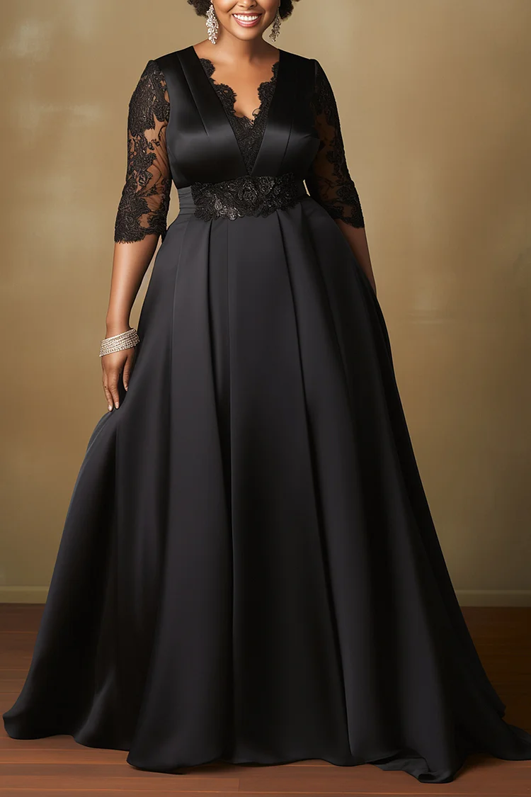 Xpluswear Design Plus Size Wedding Black V Neck Half Sleeve See Through Elegant Contrast Lace Satin Maxi Dresses [Pre-Order]