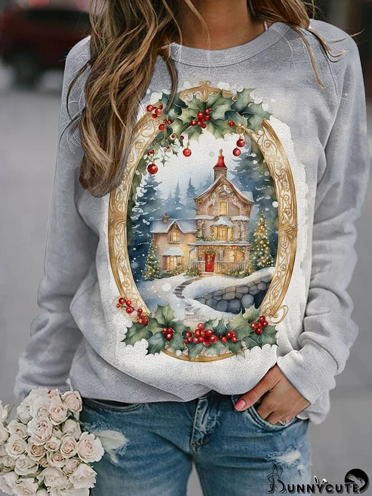 Winter Christmas Print Long Sleeve Casual Top