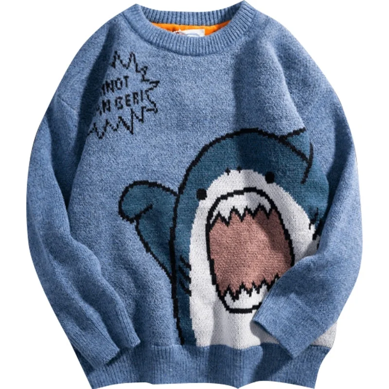 Aonga Hip Hop High Neck Vintage Sweater Winter Japanese Cartoon Knitted Sweater Couples Streetwear Men Pullovers Knit