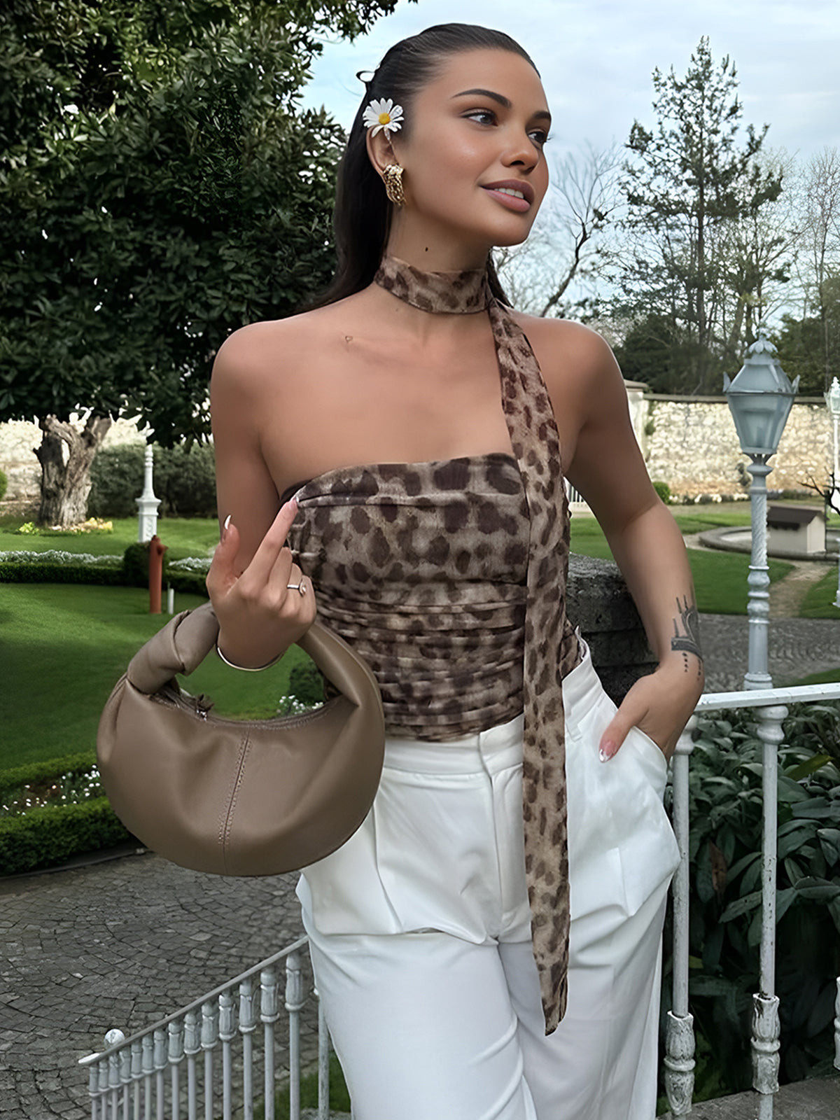 Llyge Leopard Print Tie Neck Backless Tube Top llyge