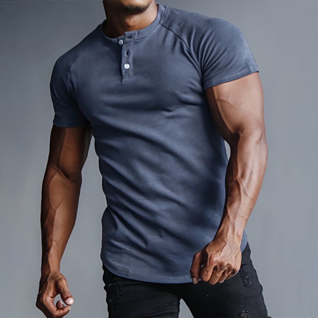 Men's Outdoor Casual Solid Color Henry Collar Bottoming Shirt Sports Fitness Running Slim Short-sleeved T-shirt、、URBENIE