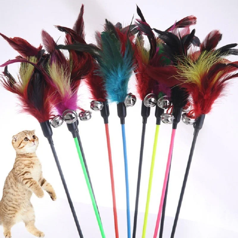 Funny Cat Stick With Colorful Feathers And Bells