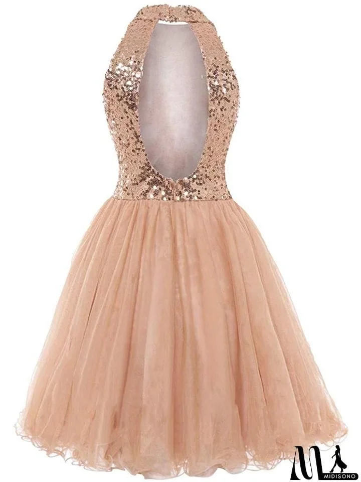 MidiSono - Pretty Rose Gold Sequin A-Line Halter Cocktail Dresses For Party