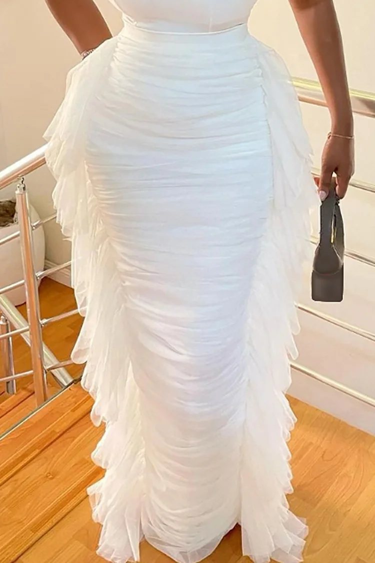 Xpluswear Plus Size White Daily Side Tulle Ruffles Fold Skirts [Pre-Order]