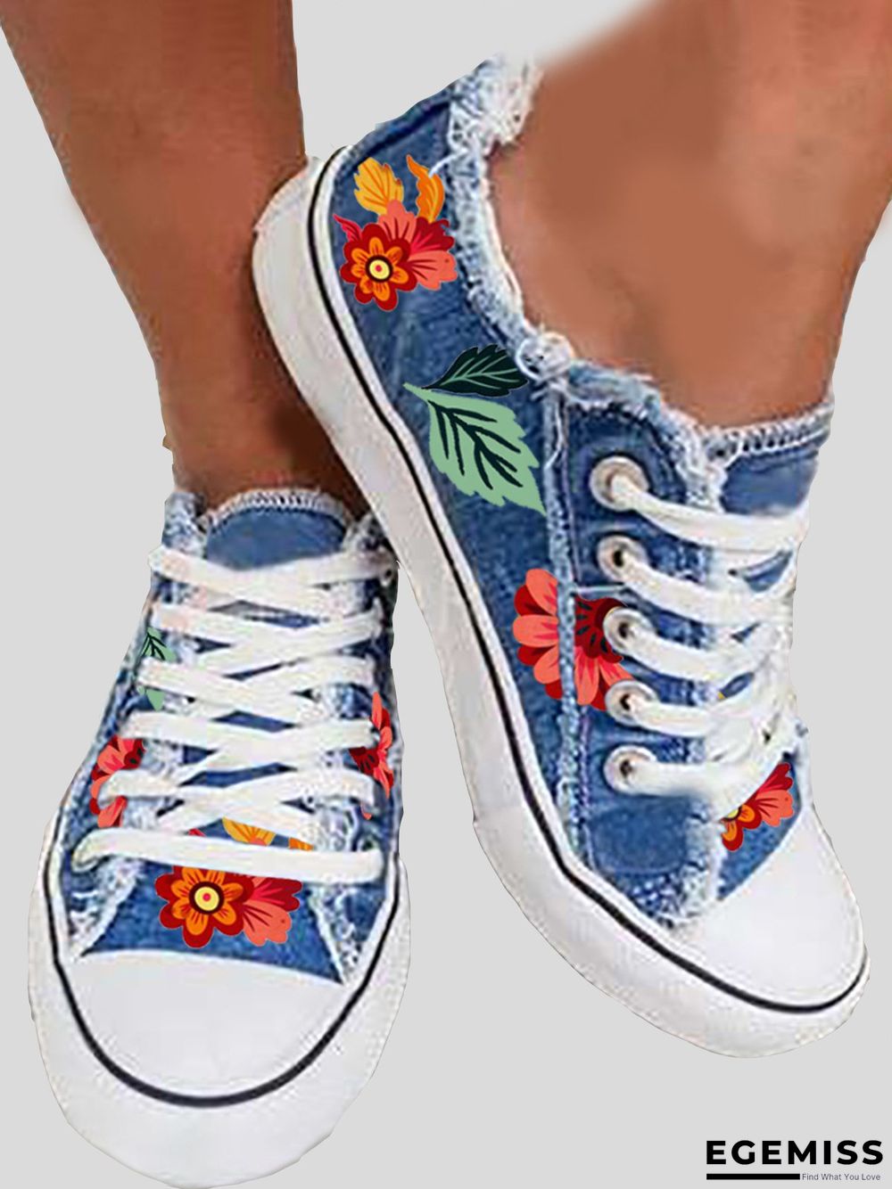 Floral Leaves Lace Up Sneakers Denim Sneakers | EGEMISS