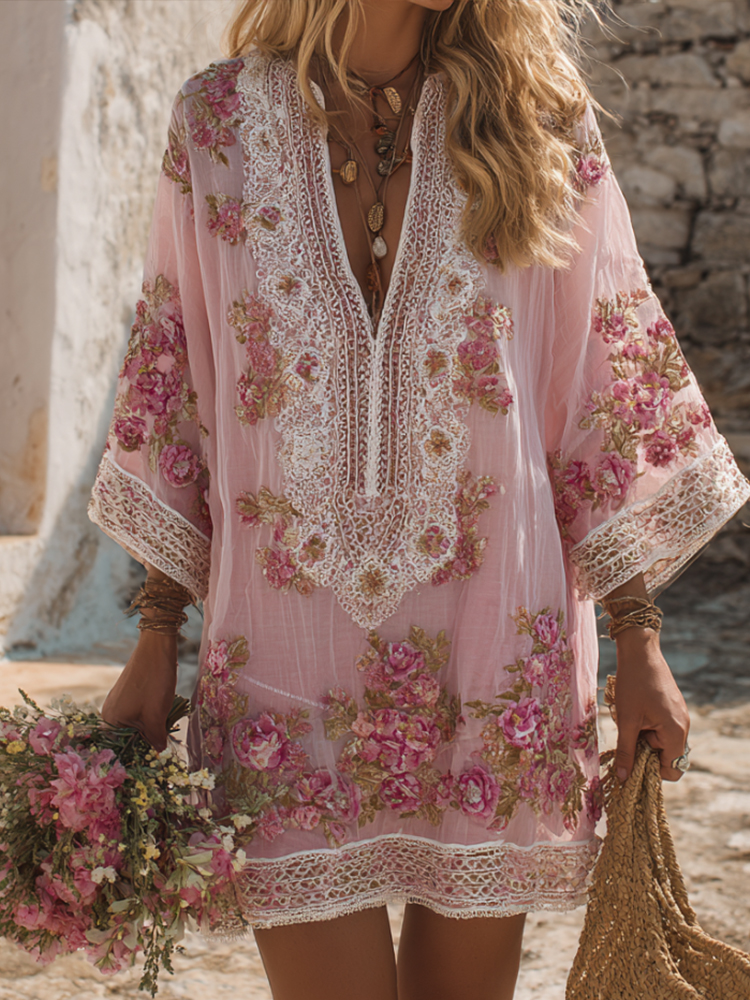 Vintage Pink Rose Embroidery Art Lace Spliced V-neck Linen Blend Dress elevenforest