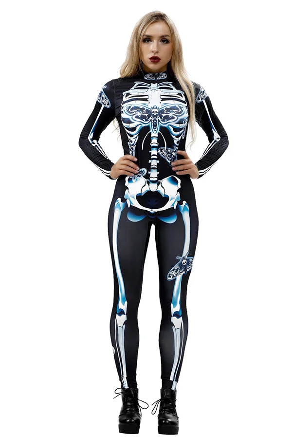 Creepy Skeleton Print Halloween Costume Bodycon Jumpsuit Light Blue-elleschic