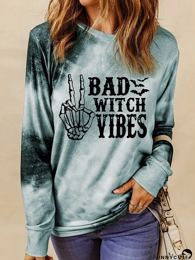 BAD WITCH VIBES Tie Dye Gray Graphic Long Sleeve Top