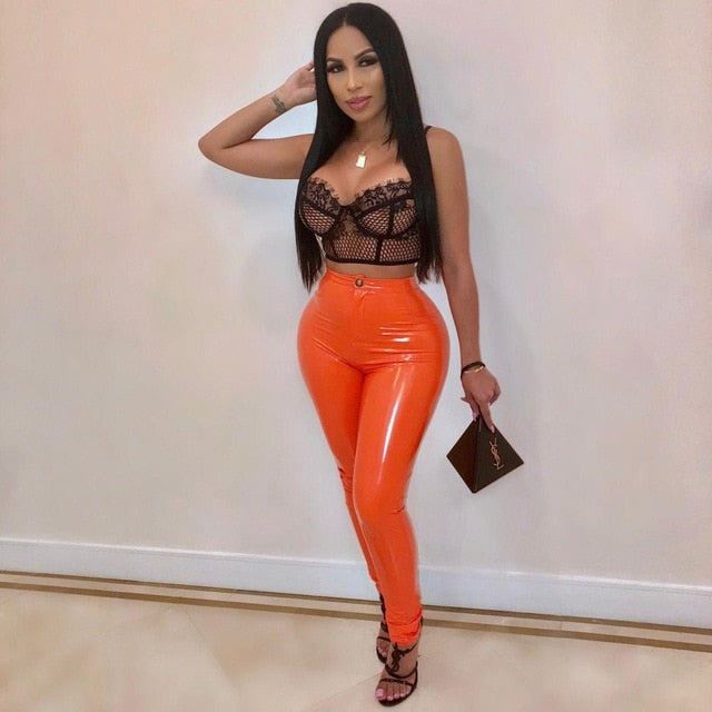 LANFUBEISI Women Latex Faux Pu Leather Pants Trousers Push Up High Waist Skinny Pants Pencil Fall Winter Solid Color Sexy Pants Female Lanfubeisi