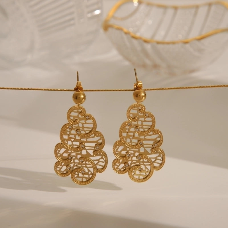 Retro Classic Style Commute Gourd 304 Stainless Steel Zircon 18K Gold Plated Hollow Out Inlay Earrings Necklace