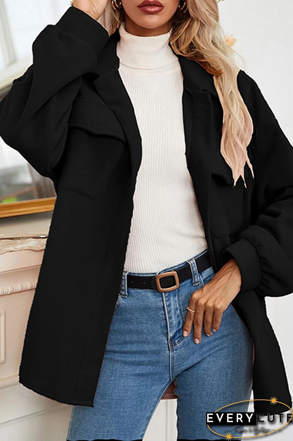 Elegant Solid Pocket Buckle Turndown Collar Outerwear