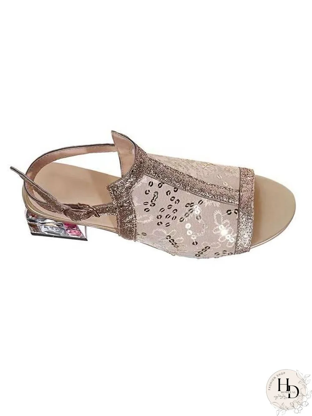 Mesh Sequined Fish Mouth Chunky Heel Sandals